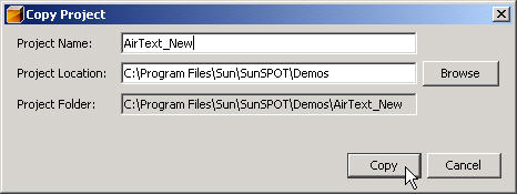 A dialog box screenshot. The dialog box is titled 'Copy Project.'  The input area lableld 'Project Name' has been filled in with the name 'AirText_New'. The cursor is positioned over a button reading 'Copy'.