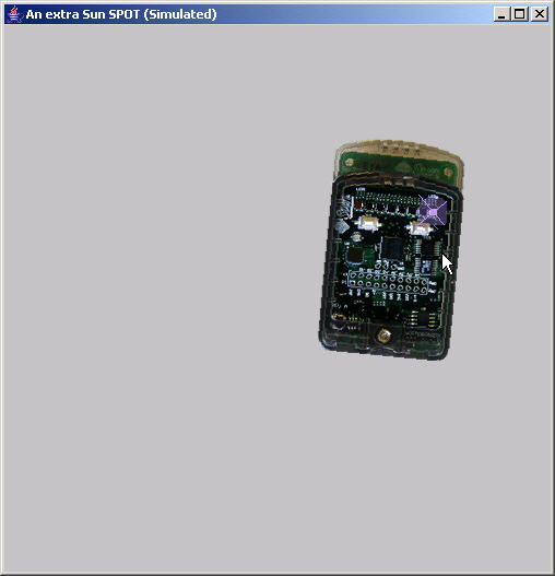 A windows application window is show.  The title is 'An Extra Sun SPOT (Simulated).'  The main body of the window is gray with an image of a Sun SPOT shown slightly off center and slightly tilted to the right.  The rightmost LED has a pastel star over it to indicate that that the simulated LED is lit.